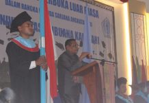 Wabup Alor Ajak Untrib Bersinergi Wakil Bupati Alor, Imran Duru, S.Pd, sambutan di acara Wisuda Untrib Tahun 2019 di Kalabahi.