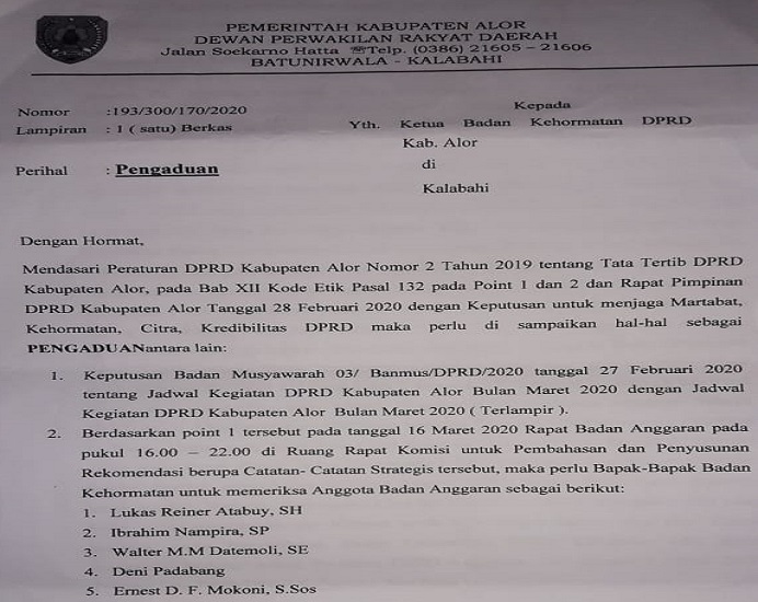 Surat Pengaduan Ketua DPRD Alor Enny Anggrek