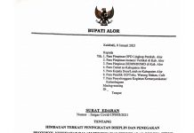 Bupati Alor Keluarkan Edaran Disiplin dan Penegakan Protkes, Sejumlah Kegiatan Dibatasi Potongan kop surat Edaran Bupati Alor Drs. Amon Djobo Nomor: Satgas Covid-19/04/I/2021 tentang imbauan terkait peningkatan disiplin dan penegakan protokol kesehatan dalam pencegahan penyebaran corona virus disease 19 (Covid-19) di Kabupaten Alor.