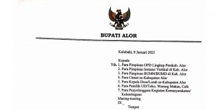 Bupati Alor Keluarkan Edaran Disiplin dan Penegakan Protkes, Sejumlah Kegiatan Dibatasi Potongan kop surat Edaran Bupati Alor Drs. Amon Djobo Nomor: Satgas Covid-19/04/I/2021 tentang imbauan terkait peningkatan disiplin dan penegakan protokol kesehatan dalam pencegahan penyebaran corona virus disease 19 (Covid-19) di Kabupaten Alor.