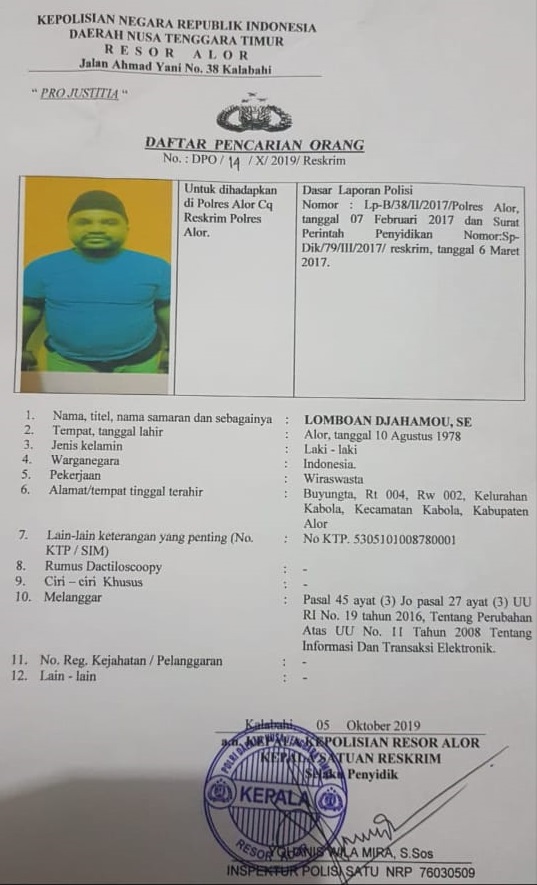 Surat DPO Lomboan Djahamou yang diduga palsu. (Foto: doc tribuanapos.net).