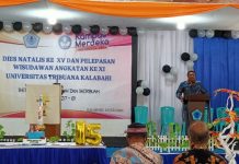 Jelang Wisuda, Untrib Gelar Doa Syukur Dies Natalis – XV dan Pelepasan 241 Wisudawan Angkatan XI Rektor Untrib Alvonso F. Gorang ketika memberikan sambutan pada acara Dies Nalis Untrib ke XV dan pelepasan wisudawan angkatan XI tahun 2022, Kamis (28/7) di Aula Pola Tribuana.