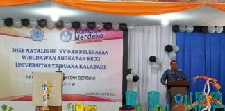 Jelang Wisuda, Untrib Gelar Doa Syukur Dies Natalis – XV dan Pelepasan 241 Wisudawan Angkatan XI Rektor Untrib Alvonso F. Gorang ketika memberikan sambutan pada acara Dies Nalis Untrib ke XV dan pelepasan wisudawan angkatan XI tahun 2022, Kamis (28/7) di Aula Pola Tribuana.