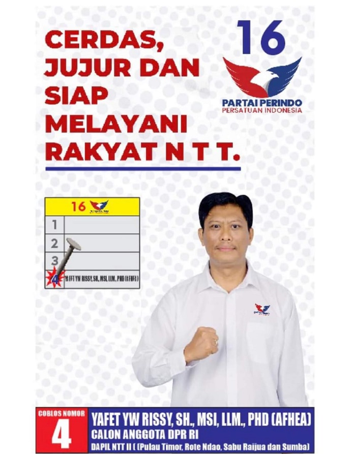 Yafet Rissy, Caleg DPR RI Dapil NTT II dari Partai Perindo Nomor Urut Caleg 4.