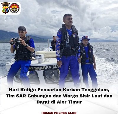 Tim SAR Gabungan Kerahkan Kekuatan SAR Cari Korban Arkalaus Takalapeta di Perairan Alor Timur Foto: Tim SAR Gabungan sedang mencari korban Arkalaus Takalapeta yang tenggelam di Perairan Tanjung Lisomu, Alor Timur. (Sumber Foto: Humas Polres Alor).