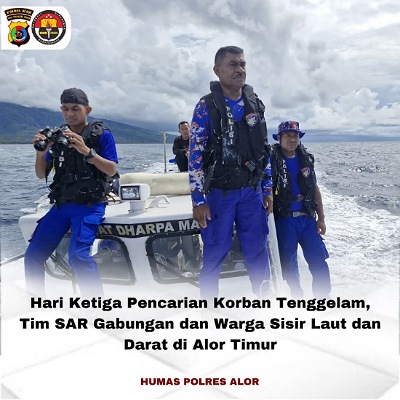 Tim SAR Gabungan Kerahkan Kekuatan SAR Cari Korban Arkalaus Takalapeta di Perairan Alor Timur Foto: Tim SAR Gabungan sedang mencari korban Arkalaus Takalapeta yang tenggelam di Perairan Tanjung Lisomu, Alor Timur. (Sumber Foto: Humas Polres Alor).