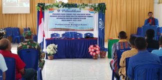 Camat dan KMK GMIT Mataru Apresiasi Kehadiran GAMKI Mataru Ketua GAMKI Alor Termandat, Alboin Selly, sedang sambutan di acara pelantikan PAC GAMKI Mataru, Sabtu 5 Juli 2025 di GMIT Kolam Lelmang.