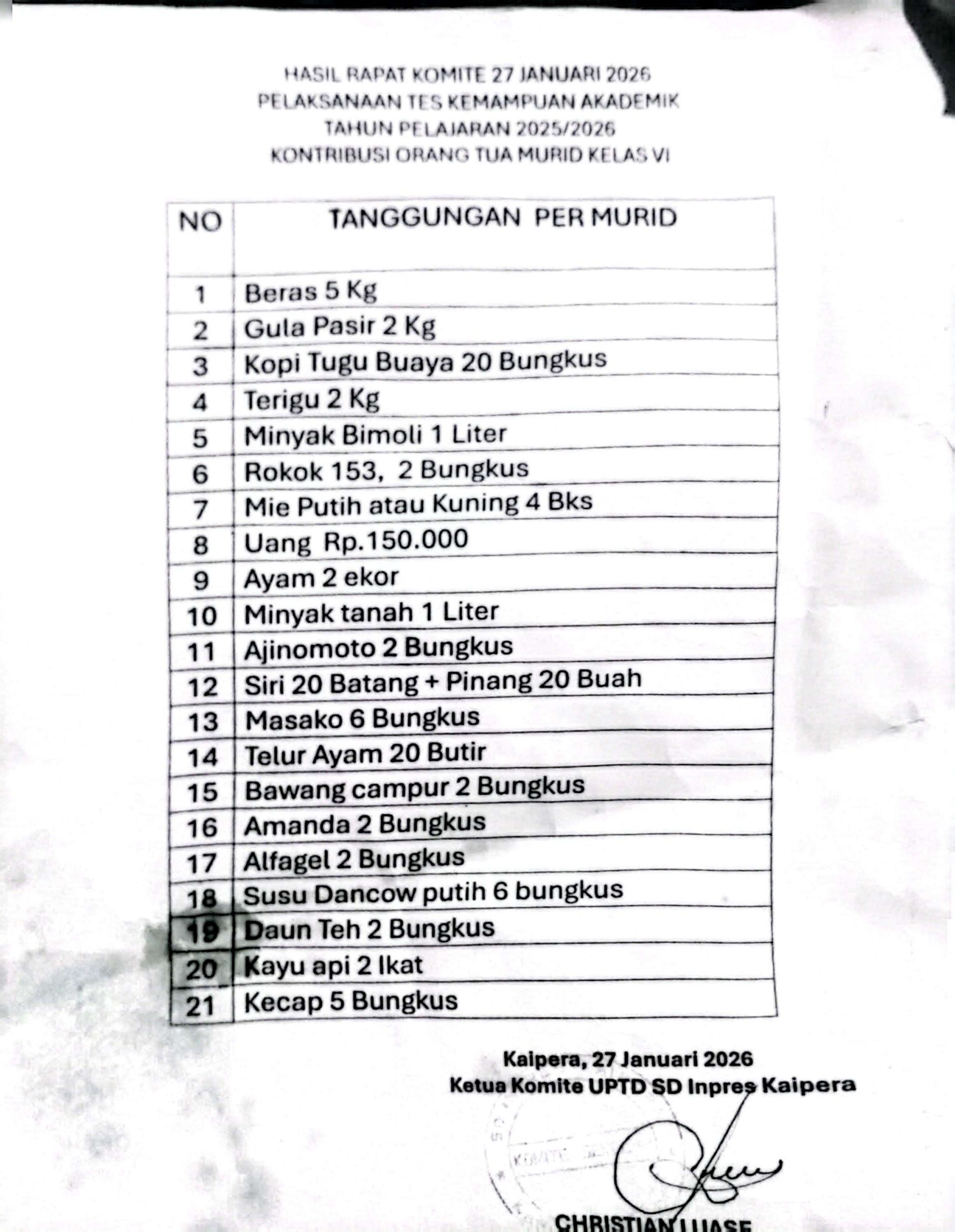 Surat Ketua Komite SD Inpres Kaipera, Christian Luase yang viral di media sosial Alor.