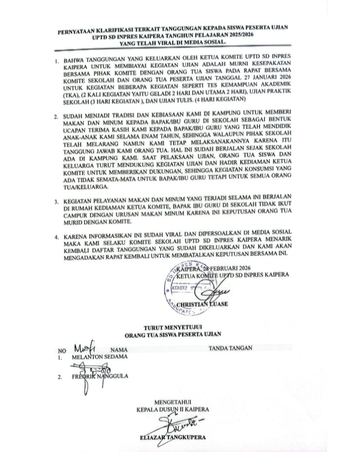 Surat Ketua Komite SD Inpres Kaipera yang membatalkan pungutan liar pada orang tua murid peserta ujian, Sabtu 28 Februari 2026. 