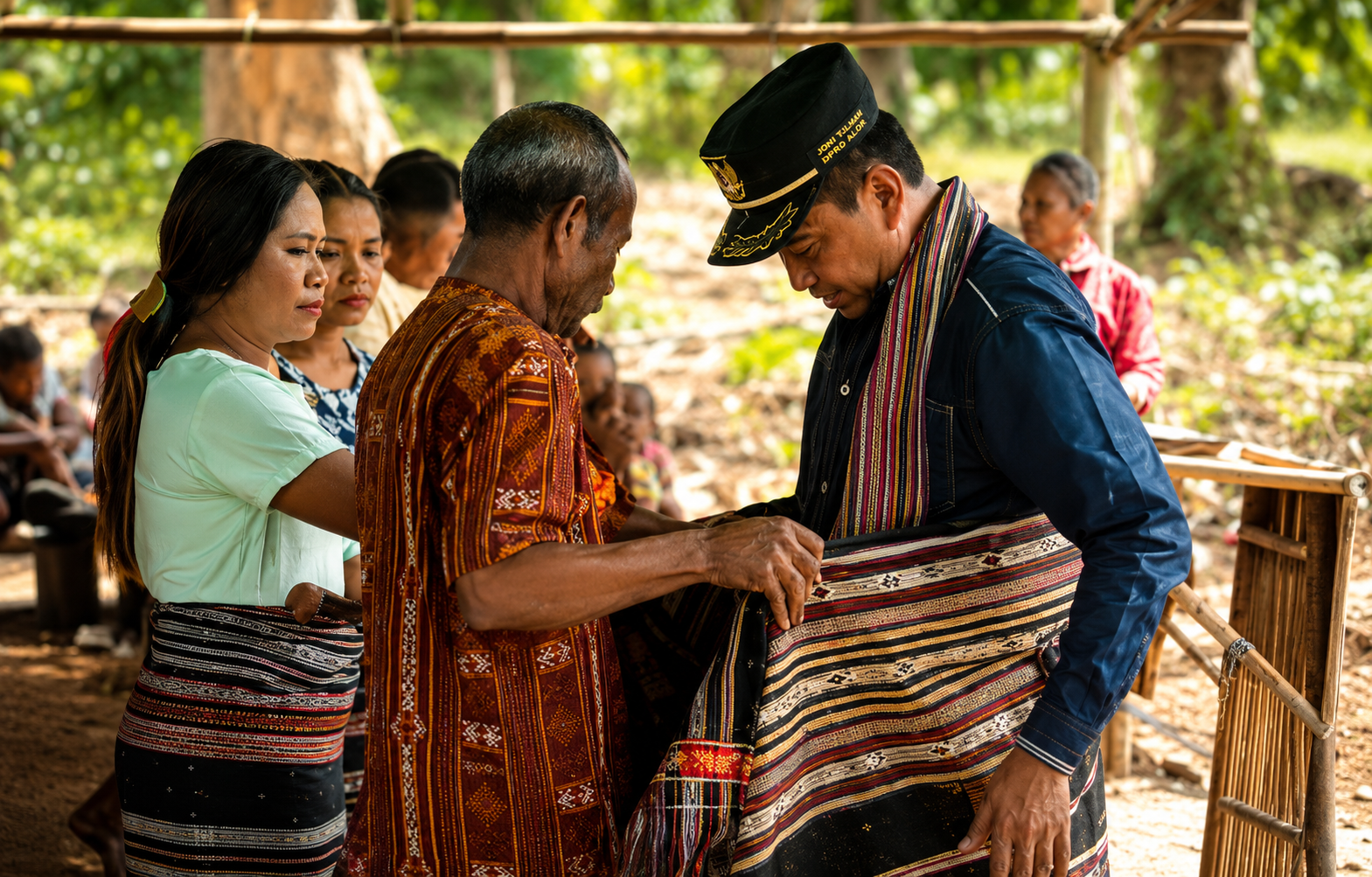 Tokoh adat Yesu-Salimana, Marthen Mowata menyematkan Sarung Adat Alor Timur kepada Anggota DPRD Alor Fraksi Partai NasDem Joni Tulimau, ketika hadir meresmikan jalan ekonomi Yesu-Salimana, Rabu (10/6) di Salimana. (Foto: doc tribuanapos.net). 